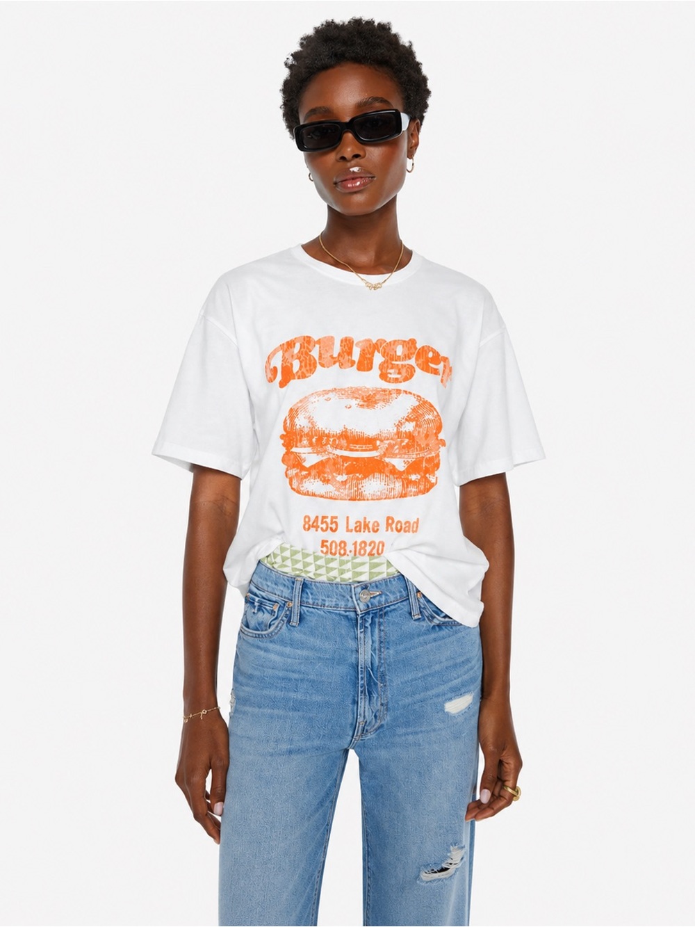 MOTHER The Lowdown Burger T-shirt White w/ neon orange graphic US XL Like new